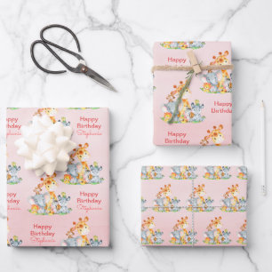 Rosa Wasserfarbe Niedlich Safari Jungle Animes Geschenkpapier Set