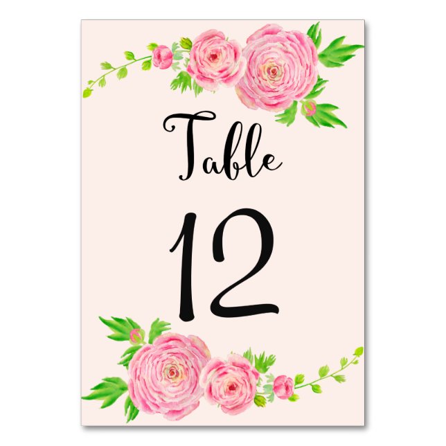 Rosa Wasserfarbe Ranunculus Hochzeitskarte Tischnummer (Vorderseite)
