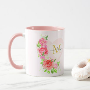 Rosa Wasserfarbe-Rose Florales Monogramm Anfangsbu Tasse