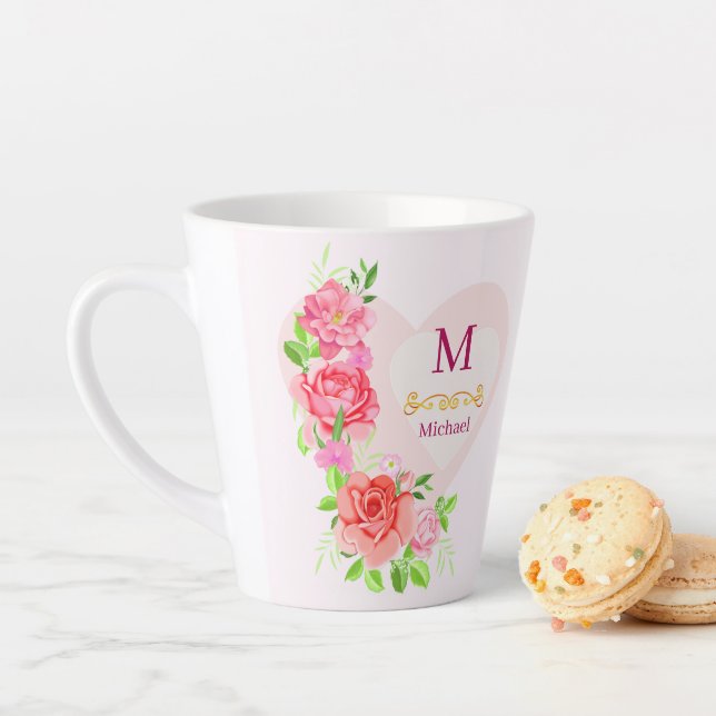 Rosa Wasserfarbe-Rose Florales Monogramm Initiale Milchtasse (Beispiel)