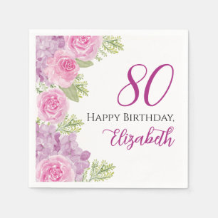 Rosa Wasserfarbe-Rosen 80. Geburtstag Papier Serviette