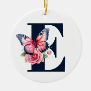 Rosa Wasserfarbe-Rosen-Schmetterling-Navy-Monogram Keramik Ornament