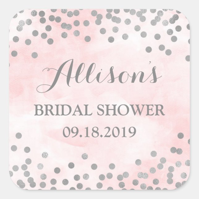 Rosa Wasserfarbe Silver Confetti Brautparty Quadratischer Aufkleber (Vorderseite)