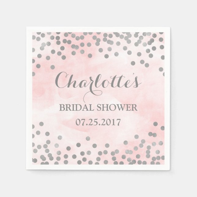 Rosa Wasserfarbe Silver Confetti Brautparty Serviette (Vorderseite)