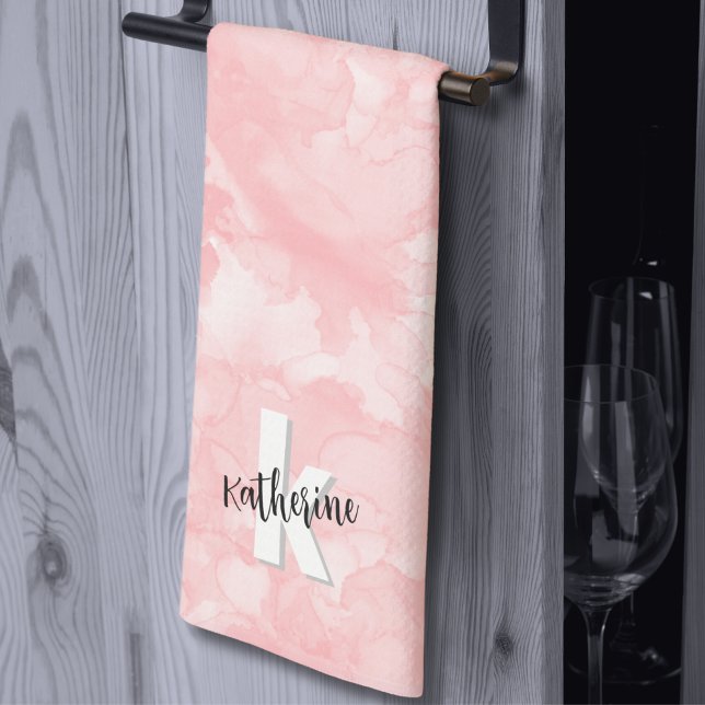 Rosa Wasserfarbe Stilvolle Monogramm Geschirrtuch (Stylish Cute Modern Watercolor Pink Monogram kitchen towel)