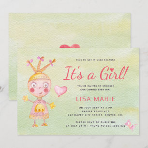 Rosa Wasserfarbe süßer Roboter, es ist ein Mädchen Einladung