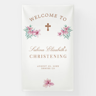 Rosa Wasserfarbe-Taufbegrüßungsschild mit floralem Banner
