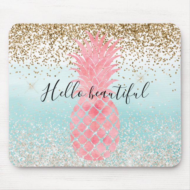 Rosa Wasserfarbe Tropische Ananas Aqua Ombre Gold Mousepad (Vorne)