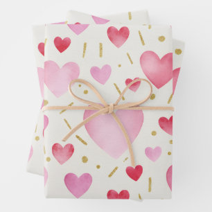 Rosa Wasserfarbe und goldene Glitzerherzen Geschenkpapier Set