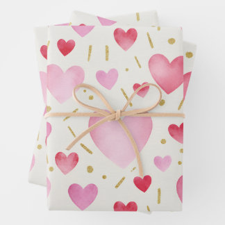 Rosa Wasserfarbe und goldene Glitzerherzen Geschenkpapier Set