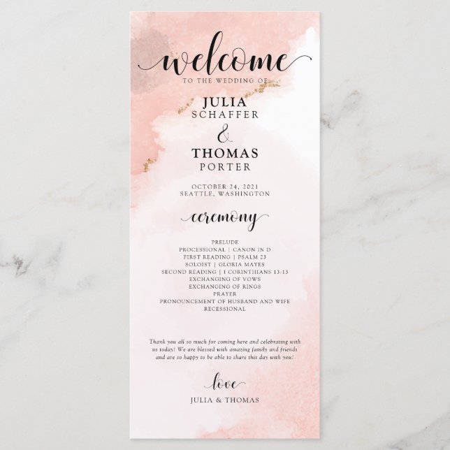 Rosa Wasserfarbe und goldener Hochzeitssorden Programm (Vorderseite)