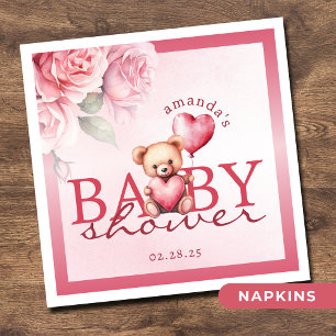 Rosa Wasserfarbe-Valentinstag-Teddybär-Baby-Party Serviette