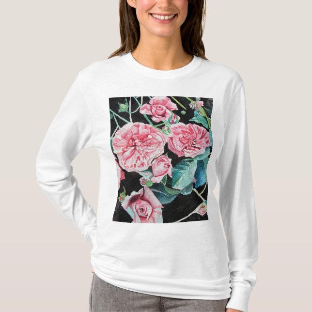 Rosa Wasserfarbe Viktorianische Rose oben T-Shirt (Vorderseite)