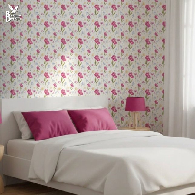 Rosa Wasserfarbe-Wildblume Tapete (Pretty Pink Wildflower Wallpaper. Ideal diy spring decor for feminine bedroom. Matching available.)