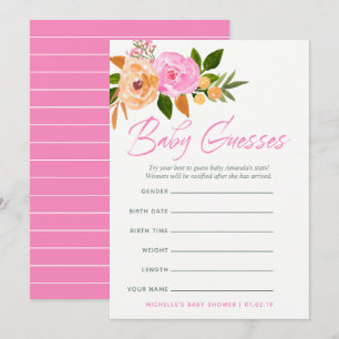 Rosa Wasserfarbe Wildblumen Baby-Vorhersage-Spiel Einladung