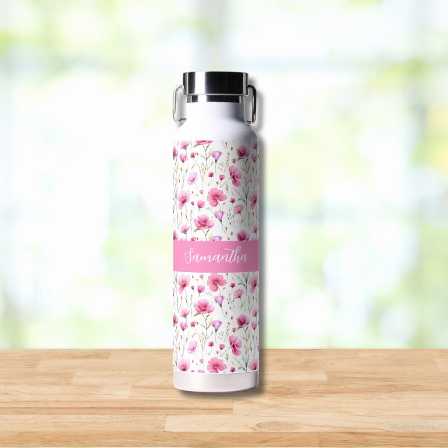 Rosa Wasserfarbe Wildblumen-Name  Trinkflasche (Von Creator hochgeladen)