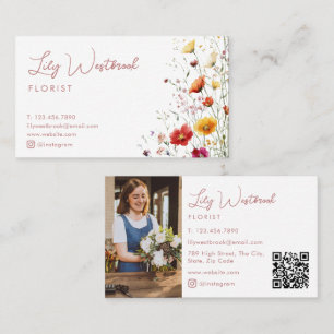 Rosa Wasserfarbe-Wildblumen-Schrift-Foto-QR-Code Visitenkarte