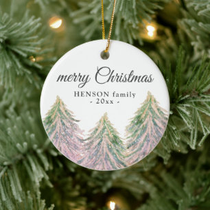 Rosa Wasserfarben-Bäume Frohe Weihnachten Familie Keramik Ornament