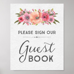Rosa Wasserfarben-Blumen-Gästebuch-Hochzeitsschild Poster