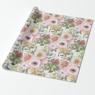 Rosa Wasserfarben-Blumen-Grün Geschenkpapier