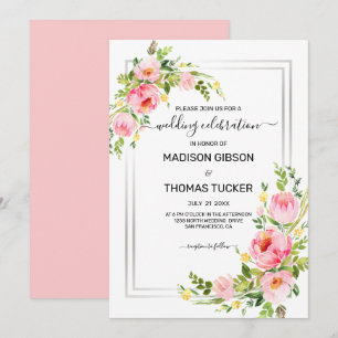 Rosa Wasserfarben Blumen Hochzeit Einladung