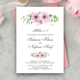Rosa Wasserfarben-Blumen-Islamische-Hochzeit Einladung