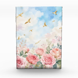 Rosa Wasserfarben-Blumen mit goldenen Vögeln  Fotoblock