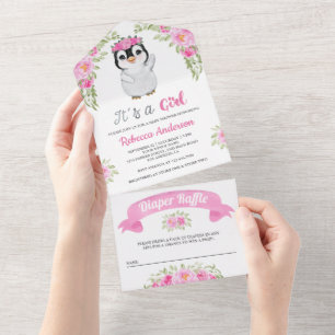 Rosa Wasserfarben-Blumen-Pinguin-Baby-Einladung All In One Einladung