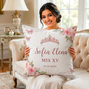 Rosa Wasserfarben-Blumen-Quinceañera-Tiara Kissen
