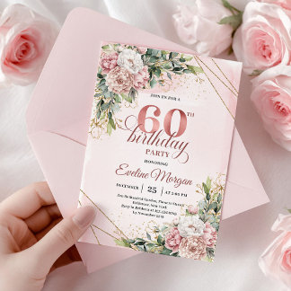Rosa Wasserfarben-Blumen Rose Gold 60. Geburtstag Einladung