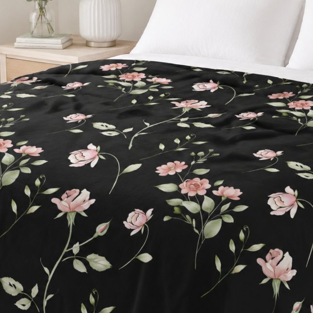 Rosa Wasserfarben-Blumen Schwarz Fleecedecke (Von Creator hochgeladen)