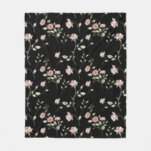 Rosa Wasserfarben-Blumen Schwarz Fleecedecke