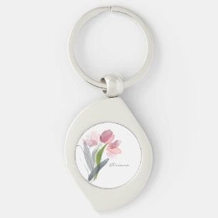 Rosa Wasserfarben-Blumen-Tulpen Weiß Name Schlüsselanhänger