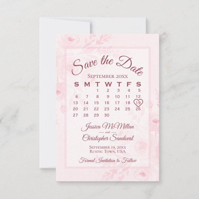 Rosa Wasserfarben-Blumenkalender-Hochzeit  Save The Date (Vorderseite)