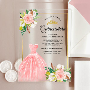Rosa Wasserfarben-Blumenkleid Gold Quinceanera Acryleinladungen