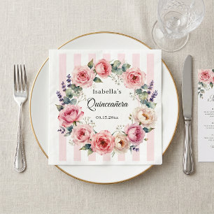 Rosa Wasserfarben-Blumenkranz Quinceañera Serviette