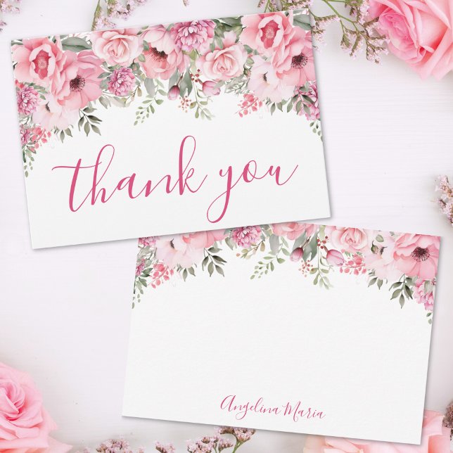 Rosa Wasserfarben-Blumenmuster Dankeskarte (Floral Blush Pink Quinceañera Thank You Card)