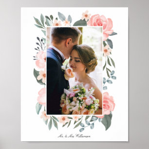 Rosa Wasserfarben-Blumenrose & Salbeigrün Poster