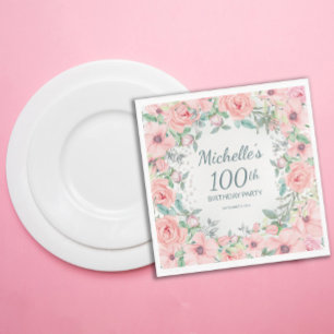 Rosa Wasserfarben-Blumenrosen Perlen 100. Geburtst Serviette