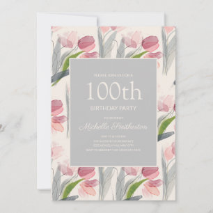 Rosa Wasserfarben-Blumentulpen 100. Geburtstag Einladung