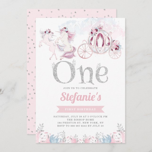 Rosa Wasserfarben Einhorn Märchen Erster Geburtsta Einladung (Vorne/Hinten)