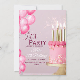 Rosa Wasserfarben-Einladung zum 13. Geburtstag Einladung