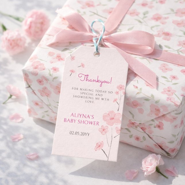 Rosa Wasserfarben Florales Minimales Babyshower Geschenkanhänger (Von Creator hochgeladen)