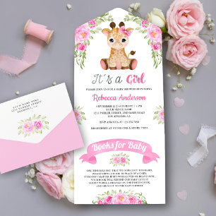 Rosa Wasserfarben-Giraffen-Baby-Party All In One Einladung