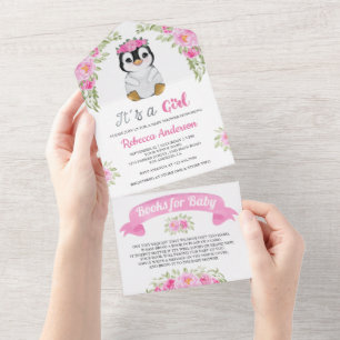 Rosa Wasserfarben-Pinguin-Baby-Party All In One Einladung