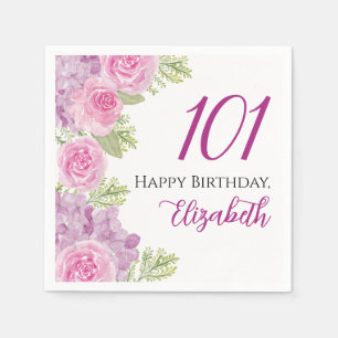 Rosa Wasserfarben-Rosen 101. Geburtstag Papier Serviette