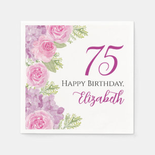 Rosa Wasserfarben-Rosen 75. Geburtstag Papier Serviette