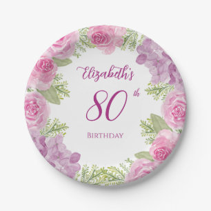 Rosa Wasserfarben-Rosen 80. Geburtstag Pappteller