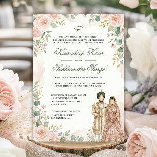Rosa Wasserfarben-Rosen Florale Sikh-Hochzeit Einladung