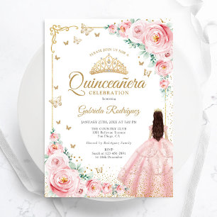 Rosa Wasserfarben-Rosen Gold Quinceanera Einladung